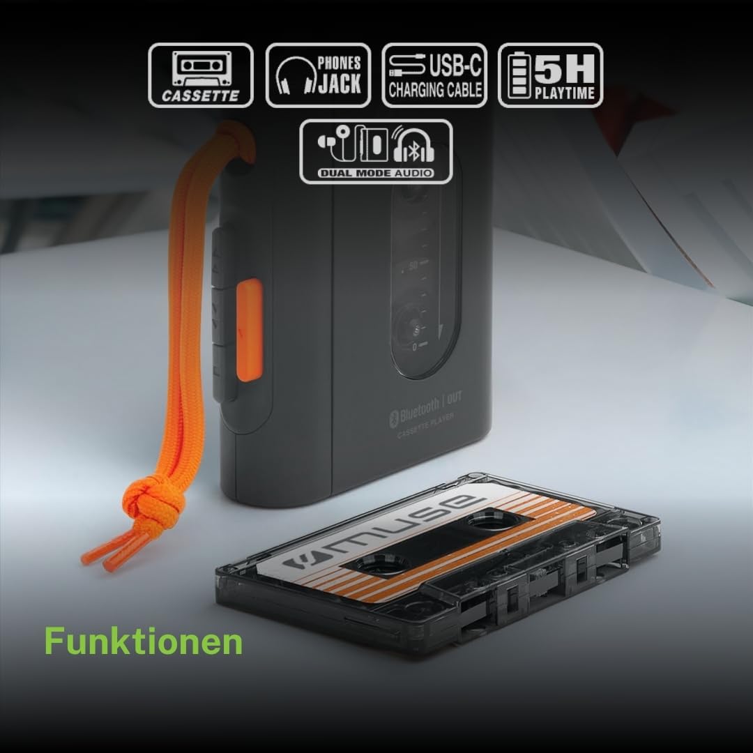 Muse Kassettenspieler - Tragbarer Kassettenspieler mit Kopfhöreranschluss und Bluetooth | Schnelles Aufladen per USB-C - Schickes Design | Schwarz