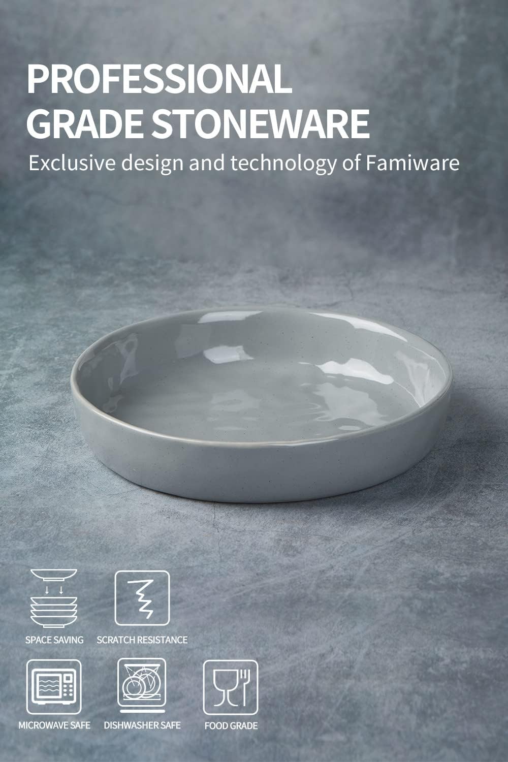 famiware Mars 4 Pieces Pasta Bowls Set, 8.5 inch Salad Bowls, Large Capacity, Bowl Sets with Brown Speckled, Microwave & Dishwasher Safe, Dark Gray