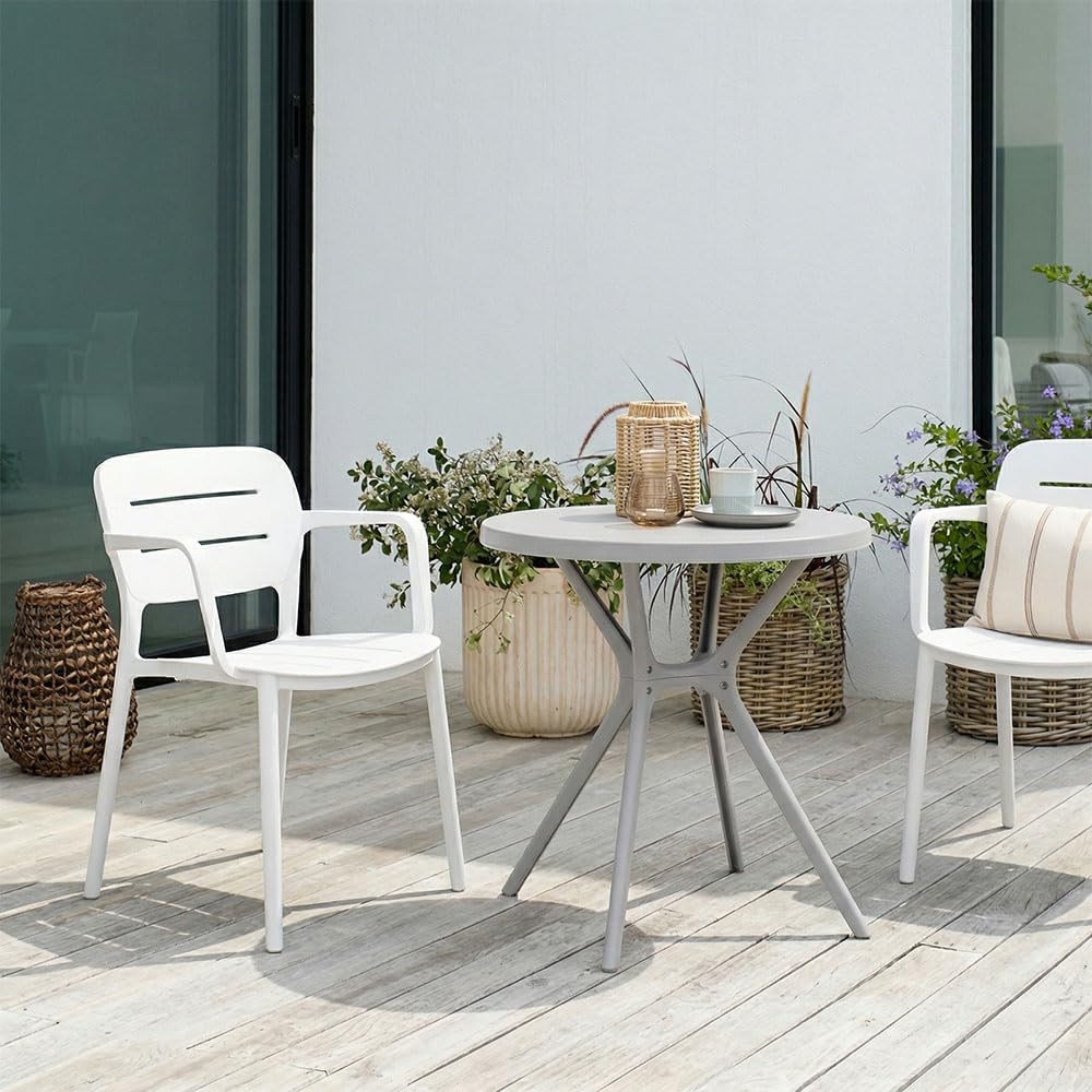SIEDITI FUORI E DENTRO Sedie da esterno, giardino in resina con fibra di vetro impilabili, con braccioli, moderne Dora (4 sedie con braccioli, Bianco)