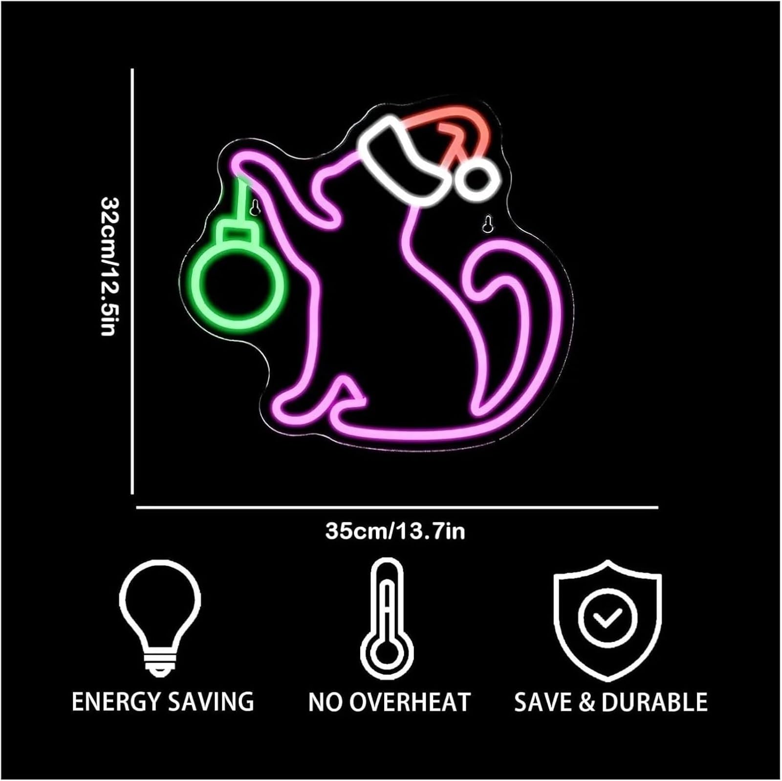 Letrero de neón Lámpara de neón con forma gato para gorro Papá Noel letrero luces LED regulables bonita decoración pared para habitación