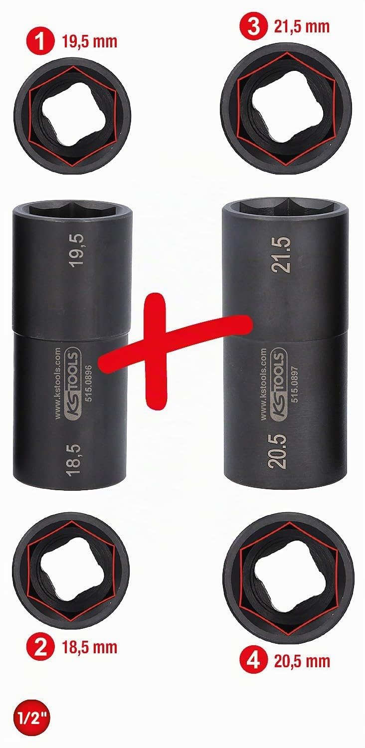 KS Tools 515.0895 Juego de llaves de vaso de impacto especiales de 1/2" para llantas de aluminio de Ford, 18,5 / 19,5 / 20,5 / 21,5 mm, 2 pzs