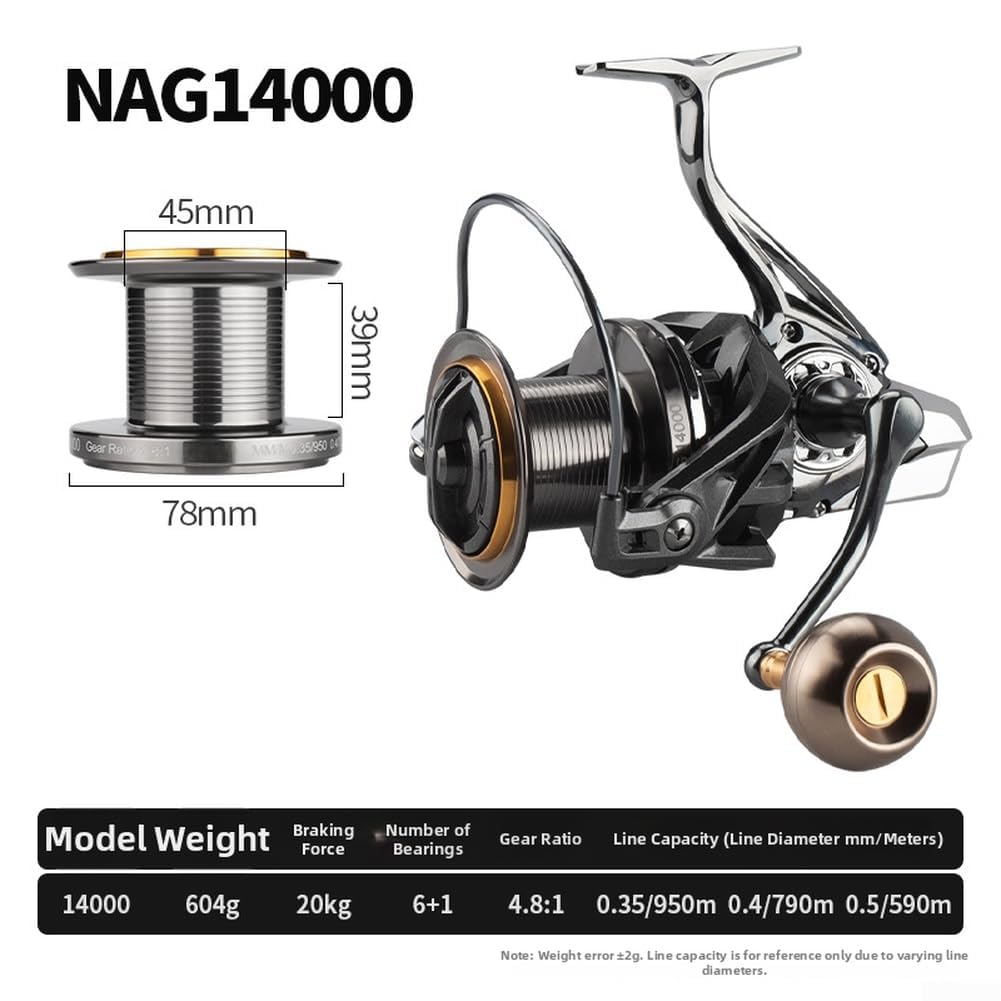 Mulinello da pesca in metallo, serie 8000-14000, bobina interamente in lega di alluminio con 6 + 1 cuscinetti sigillati in acciaio inossidabile, bobina di rotazione per acqua salata liscia e