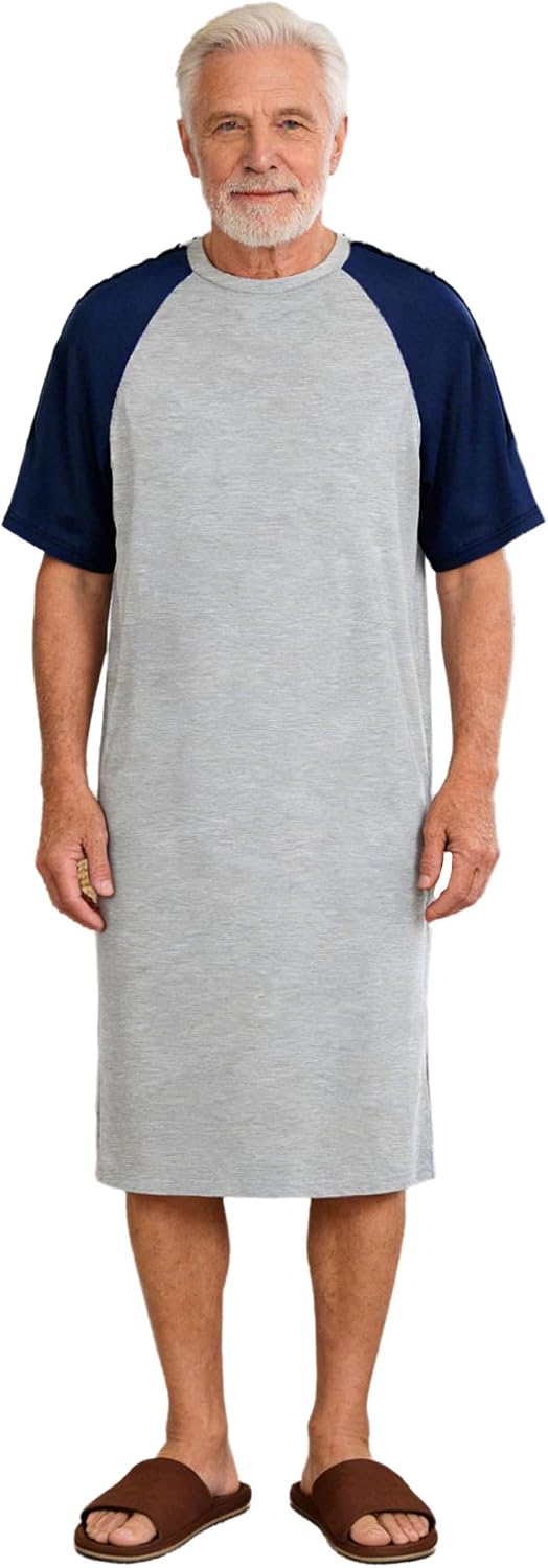 iiniim Men Post Surgery Recovery Nightgown Short Sleeve Color Block Sleepwear Patient Gown Hospital Wear