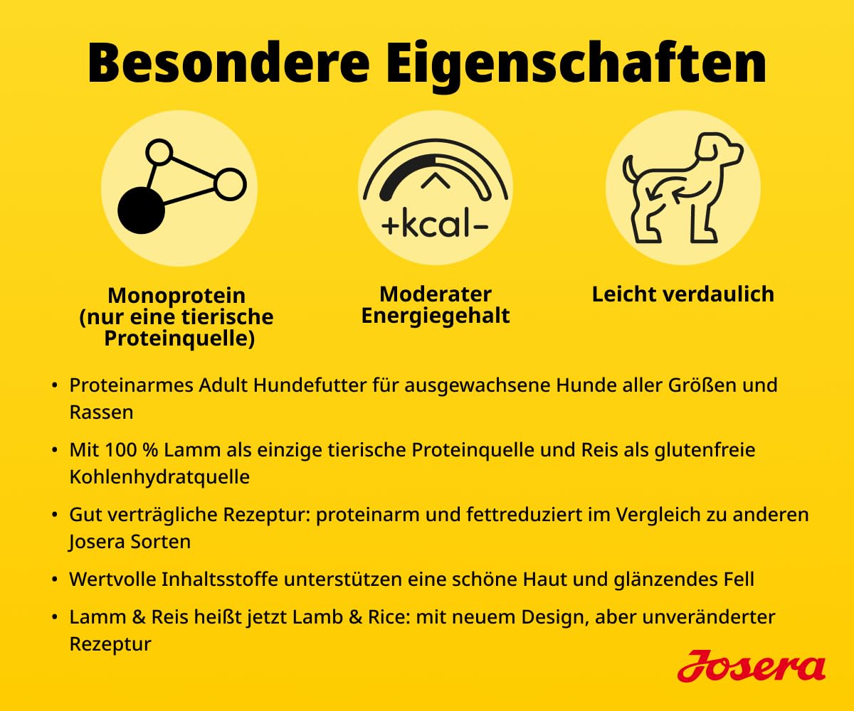JOSERA Lamm & Reis (1 x 12,5 kg) | Adult | Premium Trockenfutter für ausgewachsene Hunde | Monoprotein - 100% Lamm | proteinarm & fettreduziert - besonders gut verträglich | glutenfrei | 1er Pack