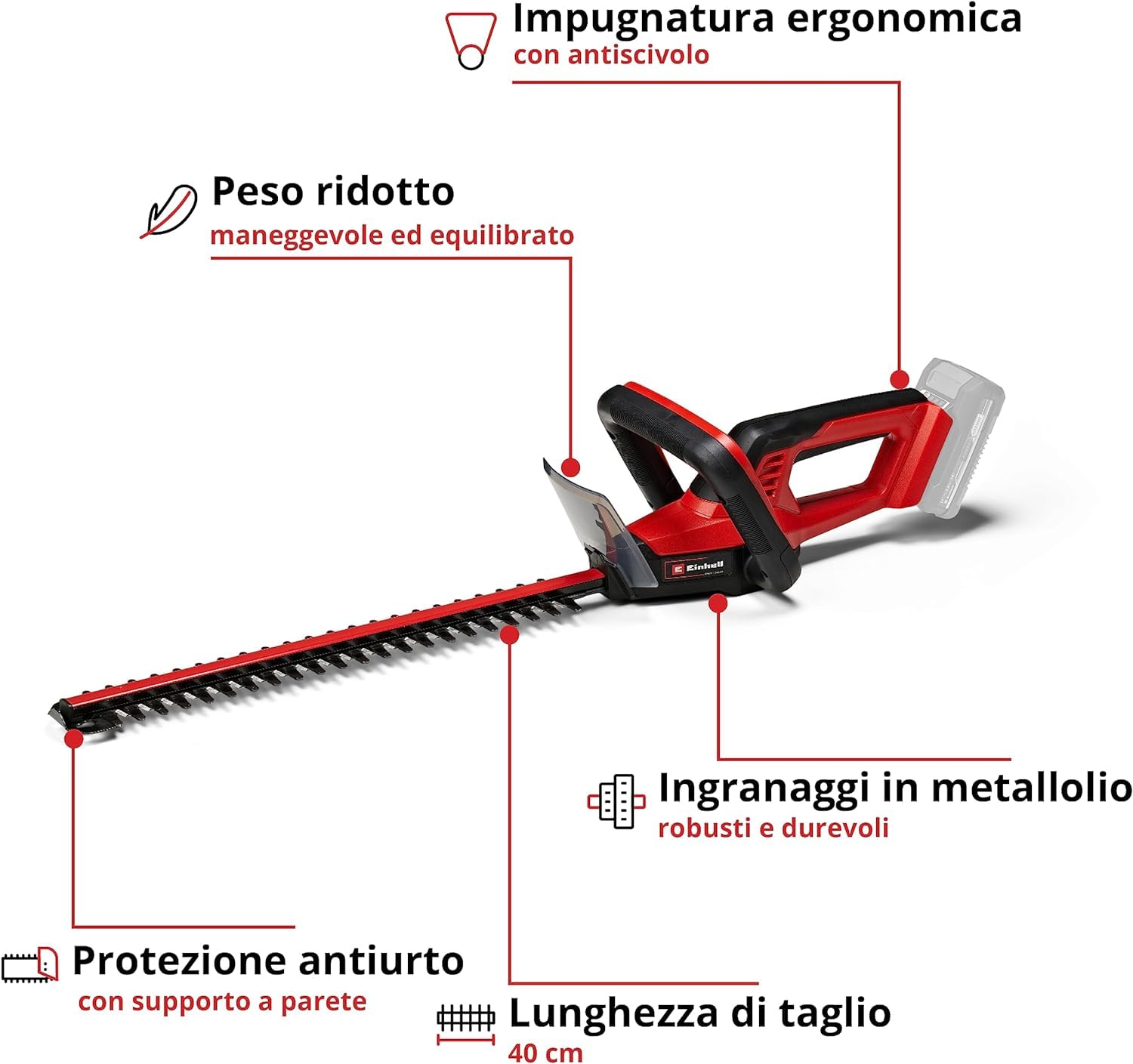 Einhell Tagliasiepi a batteria GC-CH 18/40 Li Solo Power X-Change (18 V, 40 cm lunghezza di taglio, 13 mm distanza tra i denti, maniglia ergonomica, senza batteria)