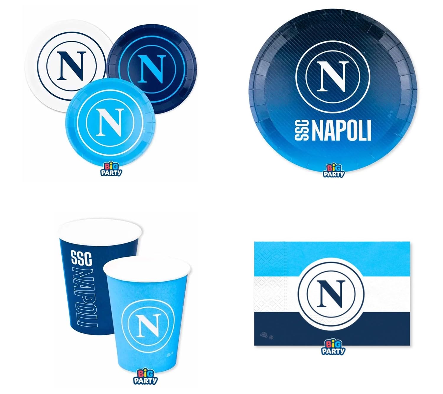 Napoli Set Coordinato Tavola Festa, Piatti 18cm e 22cm, Bicchieri 250cc, Tovaglioli 33x33cm, Kit per 6-12 Persone
