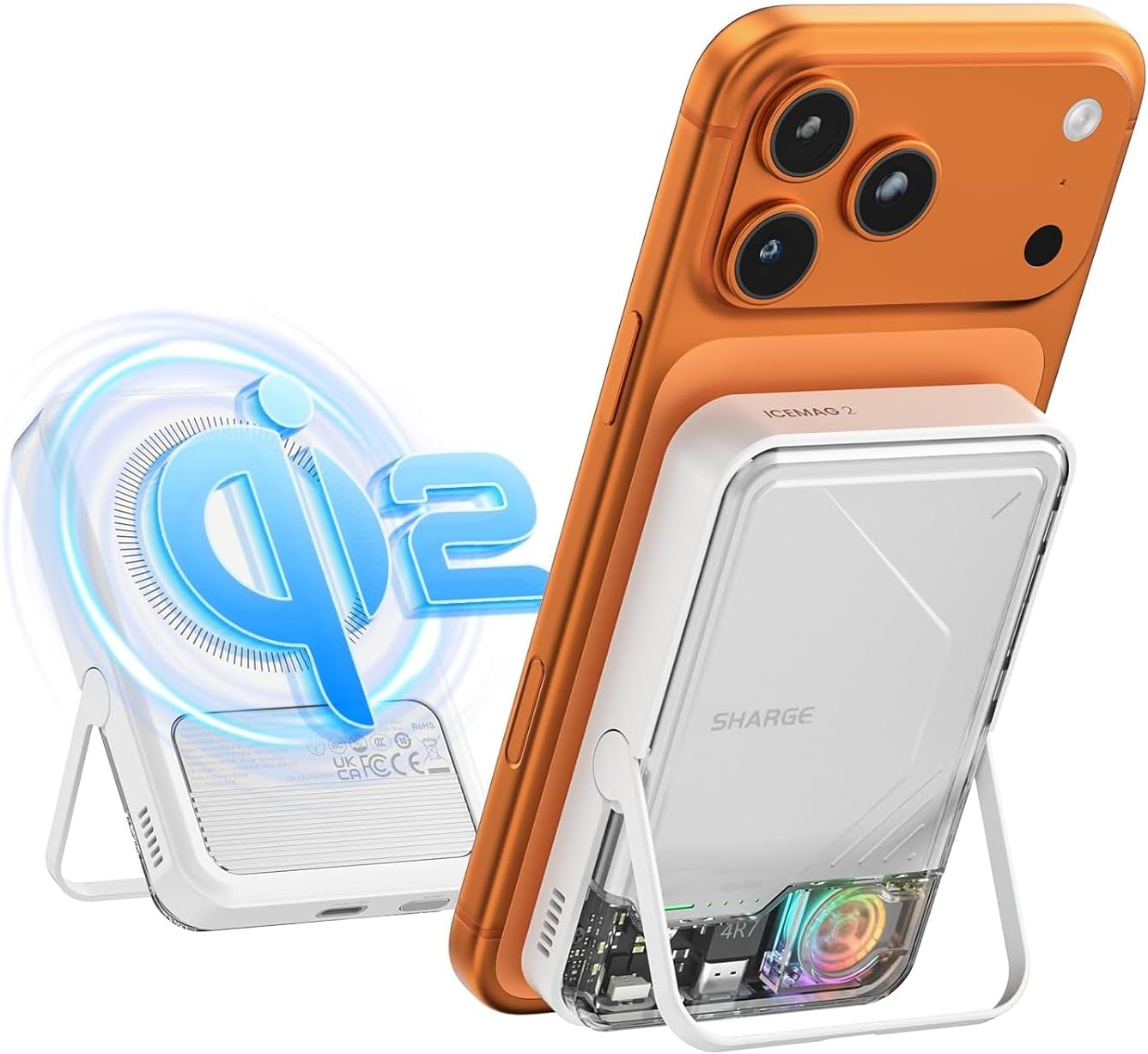 sharge ICEMAG 2 MagSafe Power Bank, 15W Qi2 Magnetic Portable Charger with Active Cooling 10000mAh Battery Pack with Foldable Stand Transparent, Design for iPhone 17/16/15/14 Series