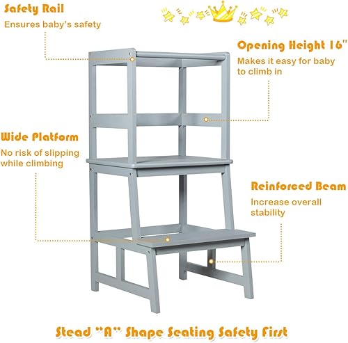 Miniatura 2 de Costzon Taburete de cocina para niños con riel de seguridad, taburete de cocina para niños pequeños con construcción de bambú macizo, soporte para