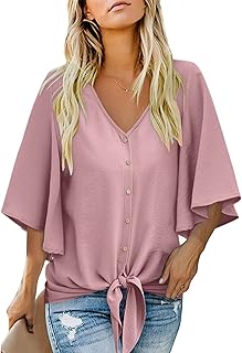 Blusa para mujer con cuello en V y botones, de gasa de verano, manga acampanada 3/4