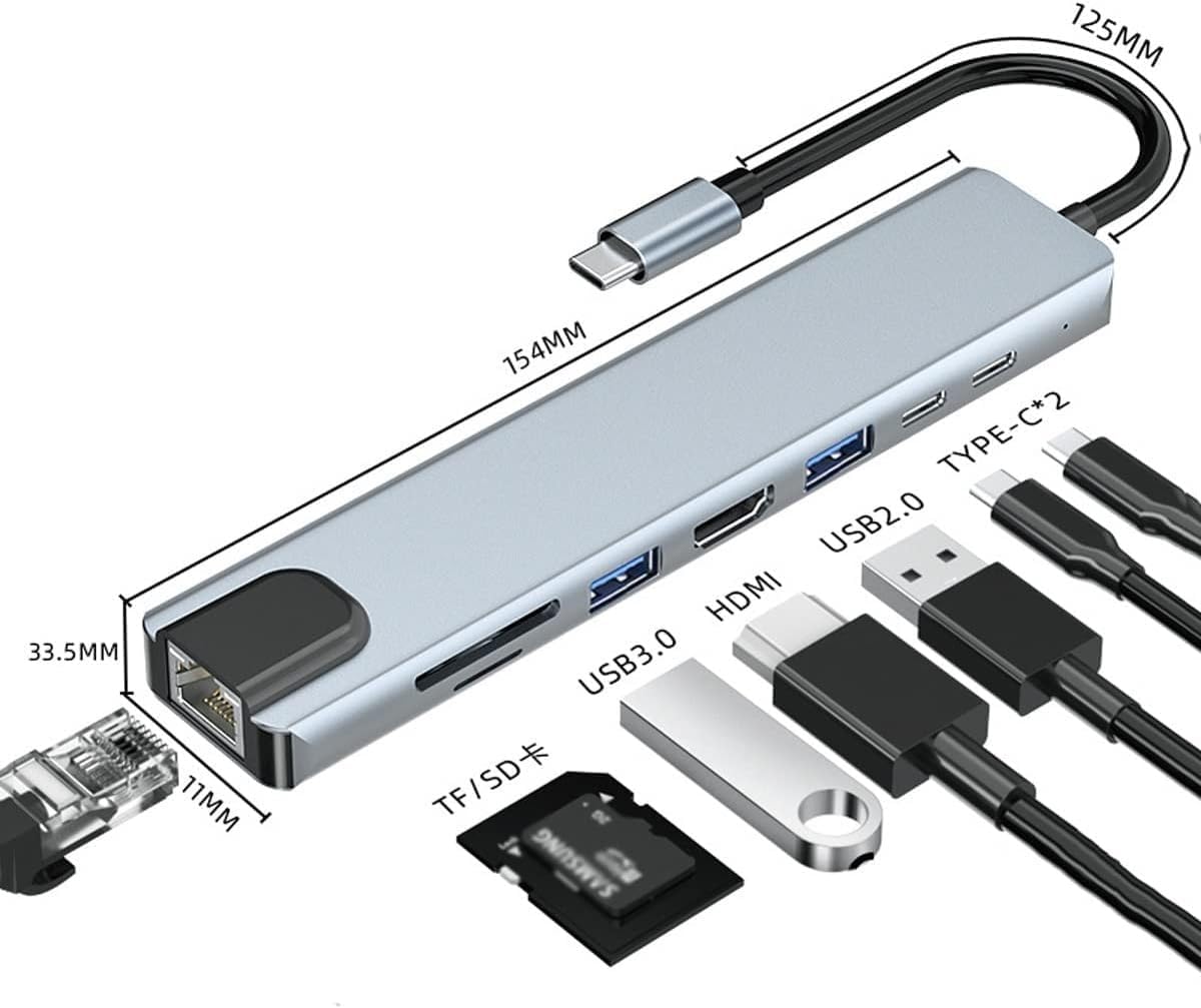 Multifunction 8 in 1 USB Hub Multiport Adapter - USB Ports 4K HDMI Output PD, USB Port Expander, Portable Space Aluminum Dongle with 4K HDMI Output