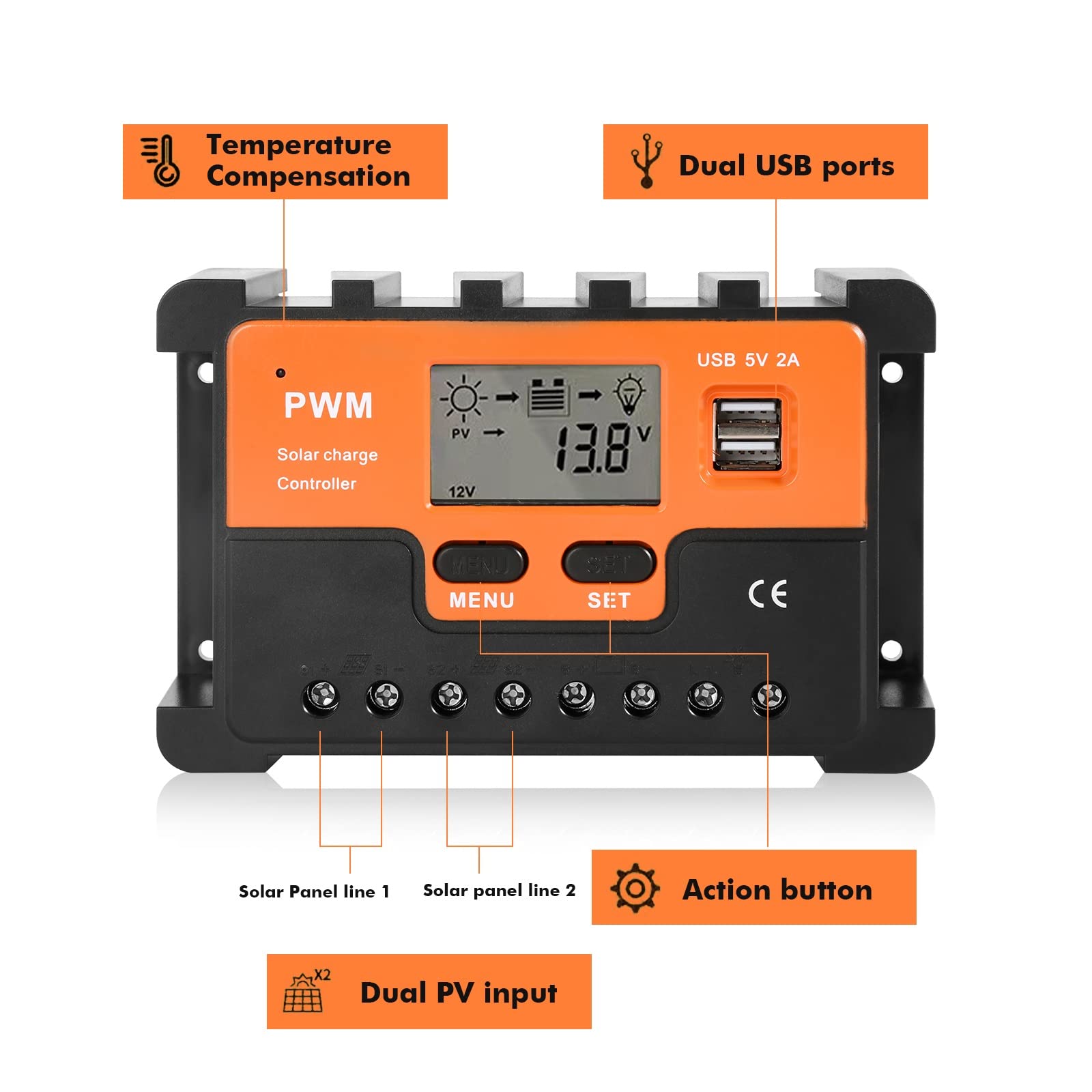 DEWIN Contrôleur de Charge Solaire 30A 12V/24V Régulateur de Charge Solaire PWM Régulateur de Panneau Solaire Double Sortie USB 5V Pour Gel Sealed Flooded et la batterie lithium