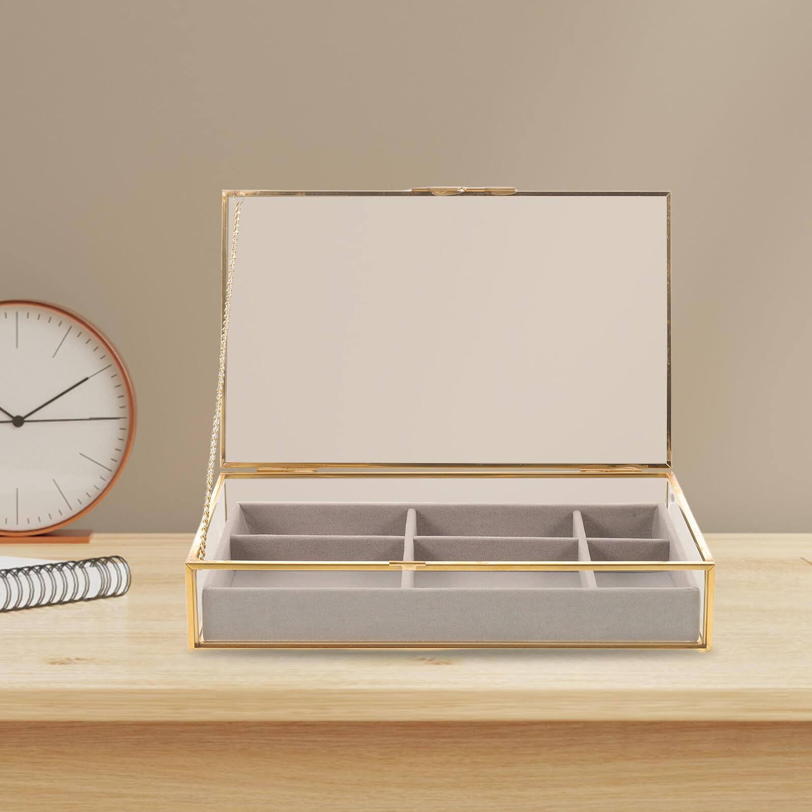 Organizer per Gioielli in Vetro Trasparente con 6 Scomparti, Scatola Porta Gioielli in Velluto e Rame, Salvaspazio e Facile da Pulire per Casa e Viaggio