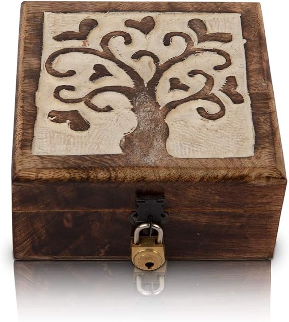Great Birthday Gift Handmade Decorative Wooden Jewelry Box With Tree Of Life Carving & Lock & Key Jewelry Organizer Keepsake Box Treasure Chest Trinket Holder Watch Box Storage Lock Box (White)