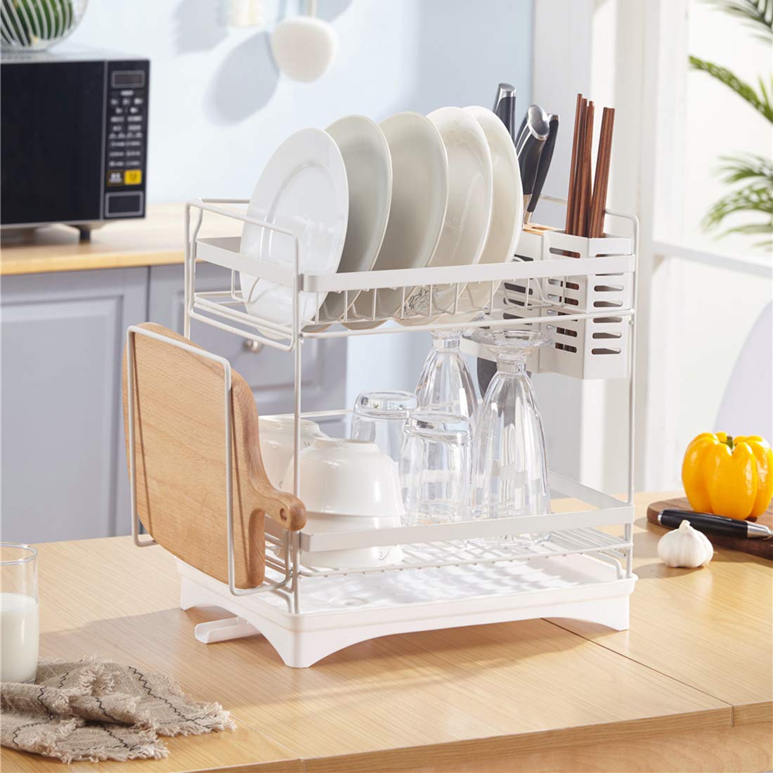 Escurridor de platos de 2 niveles, estante de secado de acero inoxidable y plástico con bandeja de goteo, escurridor de platos mediano blanco por Dish Rack.