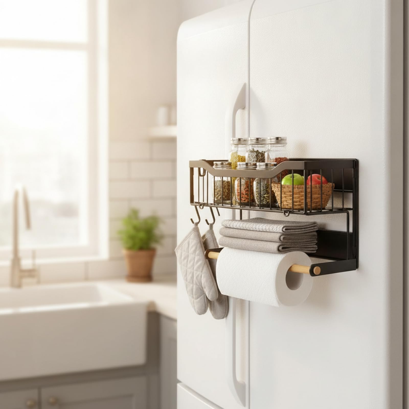 Kühlschrank-Organizer mit Papierrollenhalter bohrfrei Gewürzregal mit Rollenhalter multifunktional Magnetregal für Waschküche