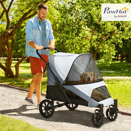 PawHut Hundewagen Hundebuggy klappbar für große Hunde & Katzen bis 30 kg Katzenbuggy mit Kissen Netzfenstern Türen Aufbewahrungstasche Katzenwagen Buggy Grau