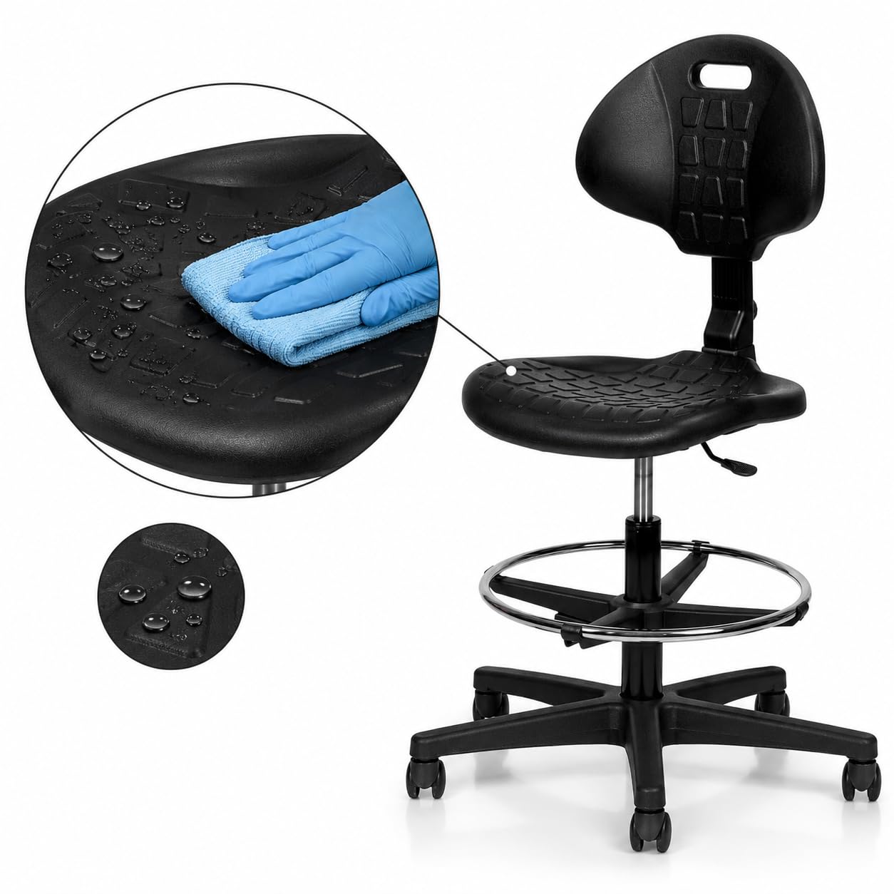 Topsit IND102 Sedia da Lavoro in Poliuretano, Seduta da Laboratorio, Sedia da Ufficio Ergonomica Girevole su Ruote con Anello Poggiapiedi in Metallo Cromo, Schienale e Altezza Regolabile