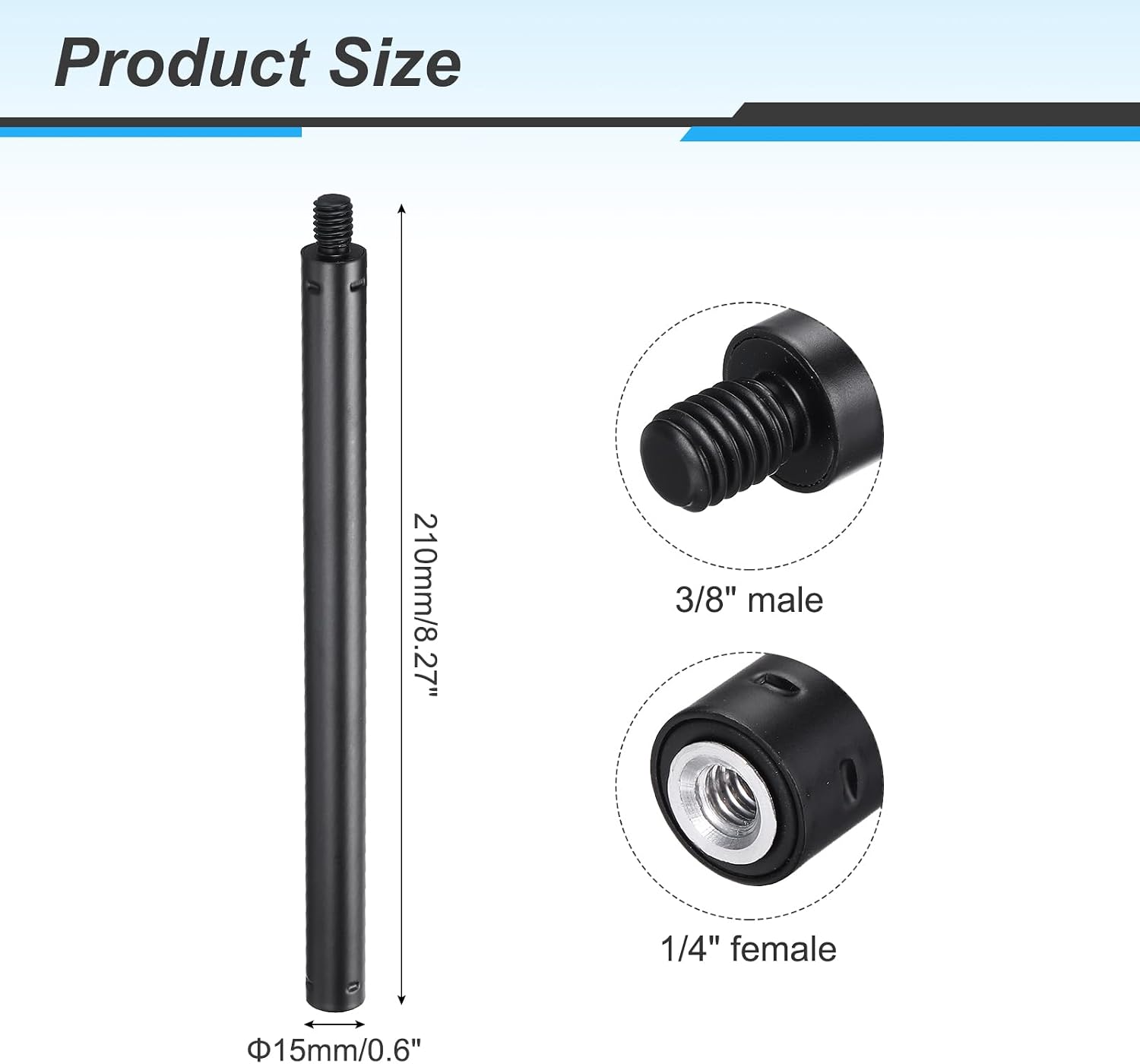 MECCANIXITY 2 Pcs Metal Microphone Stand Extension Tube 3/8" Male to 1/4" Female Mic Extension Pipe Stand Extenders Screw Rod for Extended Microphone, 8.27x0.6 Inch, Black