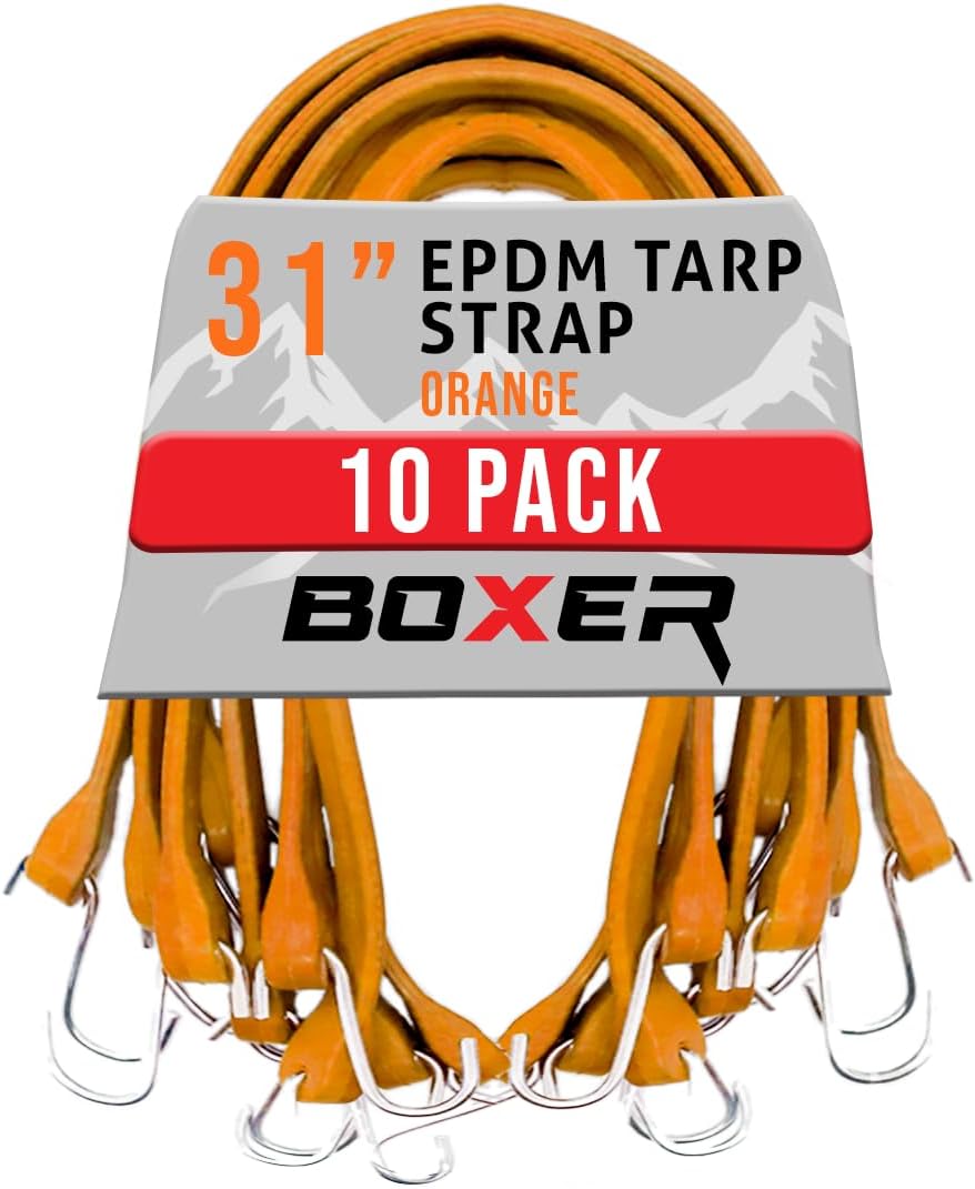 Boxer 31” Orange Color Rubber Bungee Cords 10 Pack – Heavy Duty 100% EPDM Bungee Straps with S Hooks – Wider & Stronger, Water Proof, UV Stable