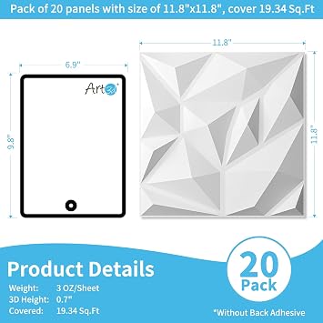 Art3d 20 Pack Decorative Accent 3D Wall Panels, 19 Sq.Feet PVC Interior Wall Decor for Home and Office, Living Room, Bedroom, Kitchen, 11.8x11.8, White