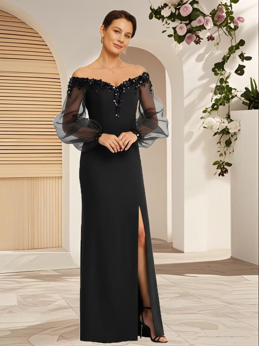 Laces Sequin Chiffon Mother of The Bride Dress for Women Side Split Off Shoulder Long Sleeves Wedding Guest Gown