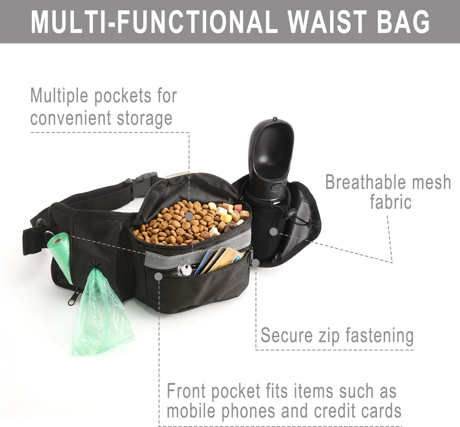 Porta premietti per cani, marsupio per addestramento, sacchetto porta-cibo con dispenser per sacchetti per i bisogni e striscia riflettente, marsupio regolabile per passeggiate all'aperto (nero)