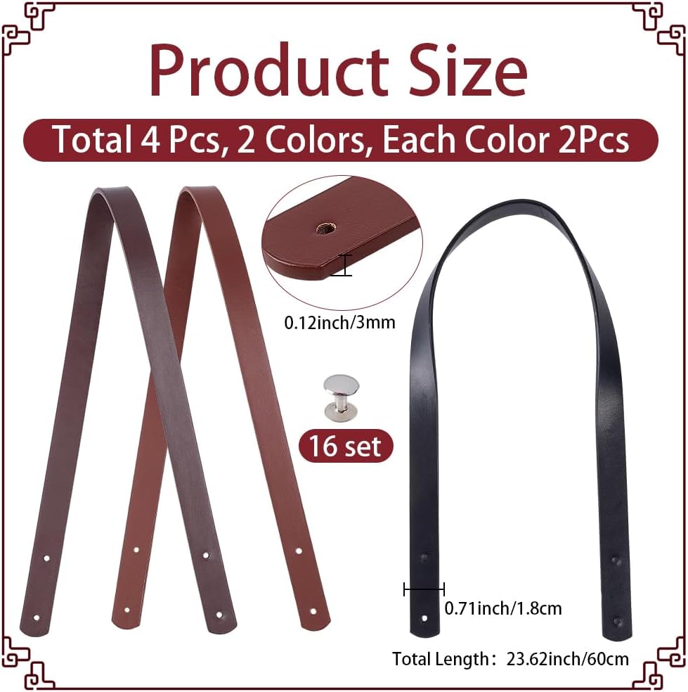4PCS 23.62 Inch PU Leather Purse Strap with Rivets 2 Colors Quilted Handbag Top Handle Replacement Band Mount Strap Belt Shouler Underarm Tote Bag Handles for Women DIY Bag Making Repairing - Image 2