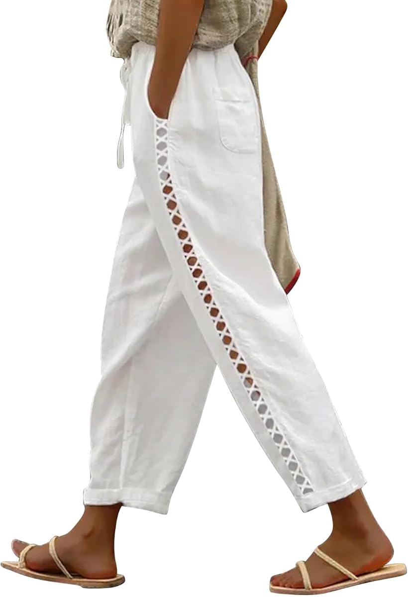 Puimentiua Women's White Linen Capri Pants with Drawstring Petite Summer Beachwear Lightweight Elastic Waist Pants, L at Amazon Women’s Clothing store