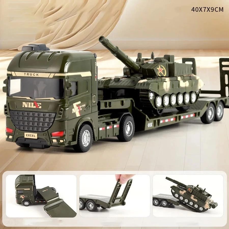 Image of Military Transport Truck with Tank Toy for Kids | Army Carrier Trucks with Movable Tank & Loading Ramp | Friction Powered Pretend Play Toy Vehicle for 3+ Years Boys & Girls