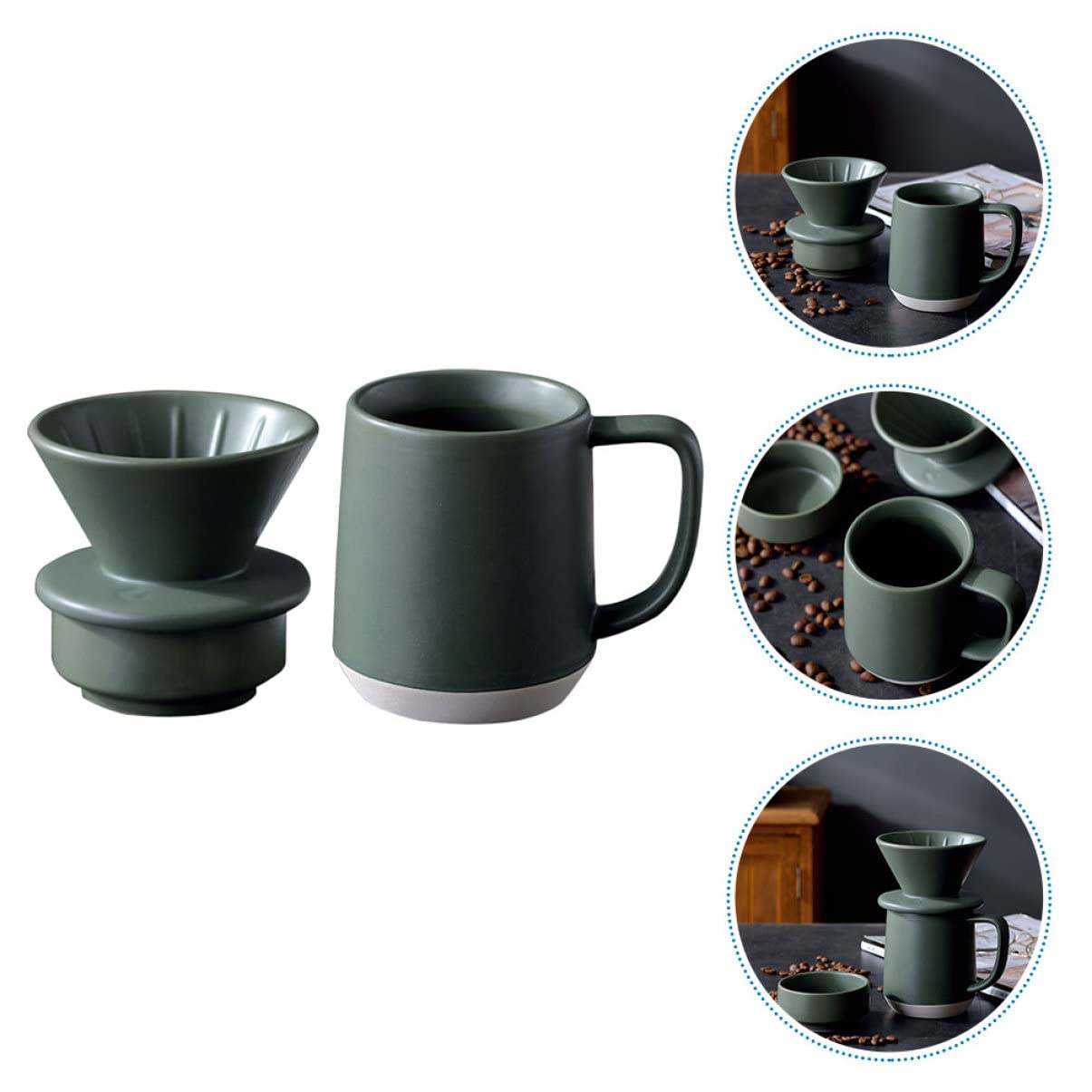 Taza de Filtro de Café de Cerámica Verde para Preparación Manual | Diseño Asa, 1 Juego, Detalles Delicados y Uso Práctico, Acabado Ligero Filtrado Fino