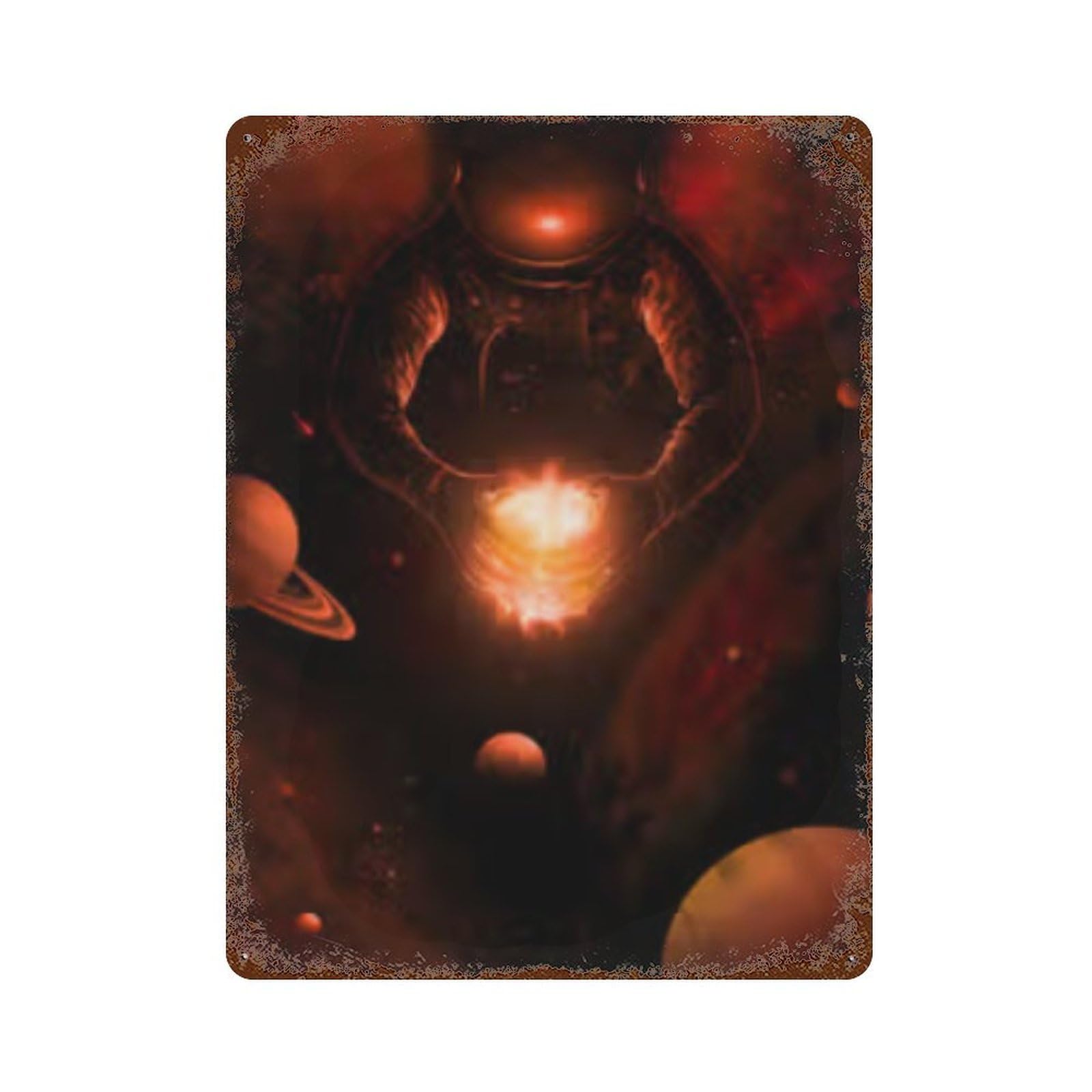 Weathered Tin Sign Astronaut Holding Fire 15.7"x11.8", Rustic Home Decor for Basement, Hobby Room And Garage Decor