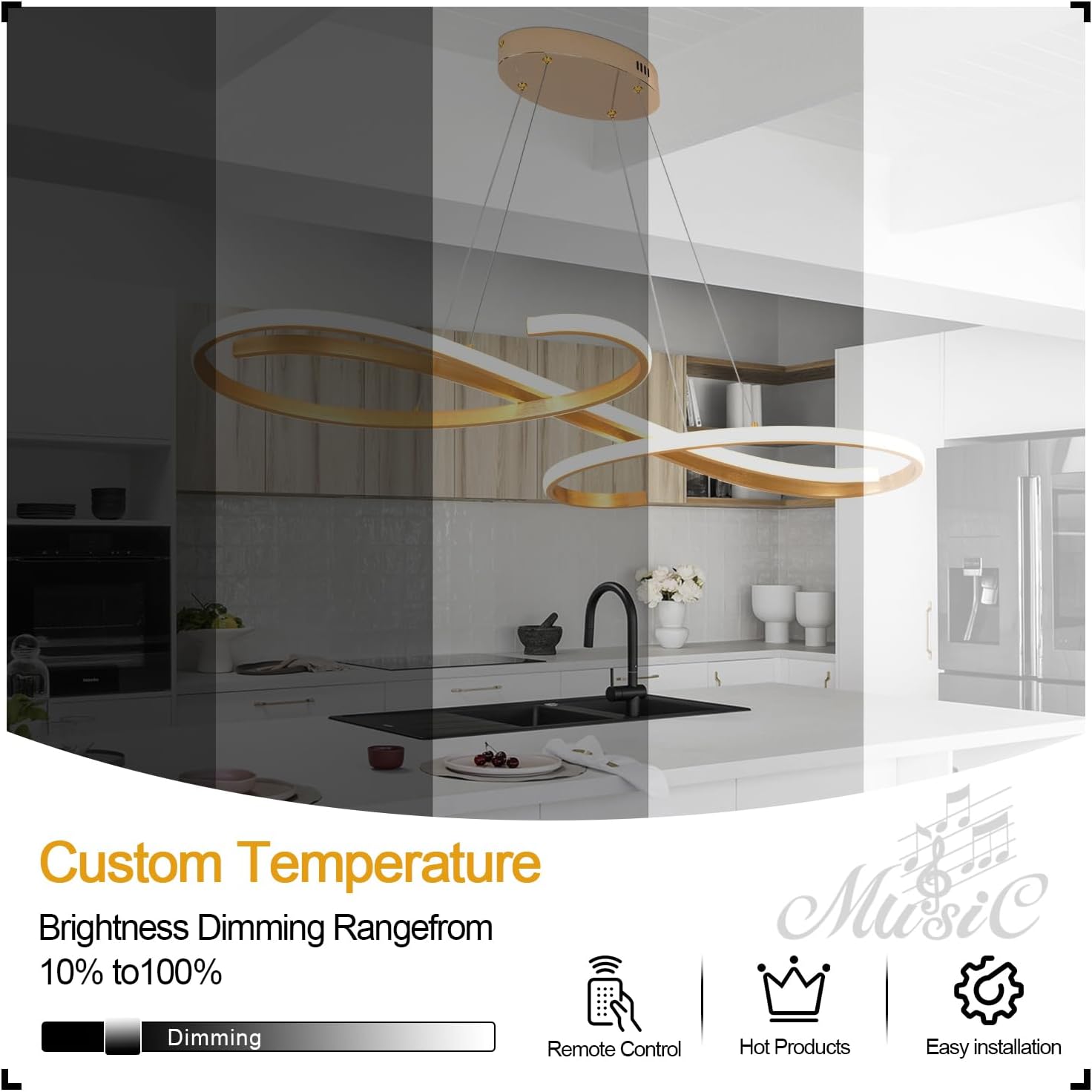 Gold Led Chandelier Dimmable Modern Chandelier for Dining Room Light Fixture Contemporary Led Pendant Light for Kitchen Island Lighting with Remote