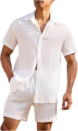 VIPWOLF Mens 2 Piece Vacation Cruise Outfits Textured Linen Shorts Sets