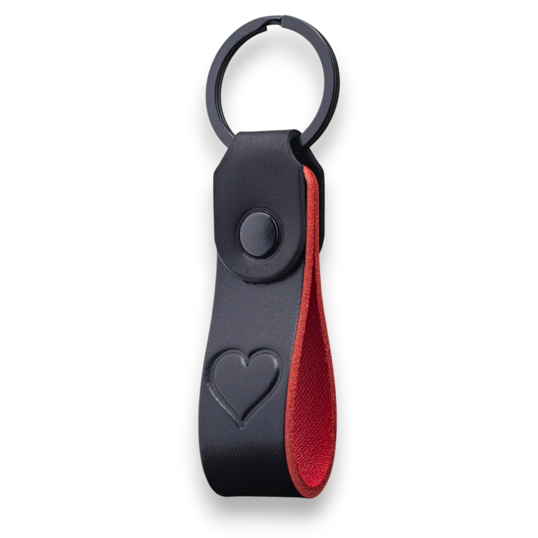 MAGOR Compact Leather Keyring for Men & Women, Personalised Black Full Grain Leather Keychain with Red Interior and Crazy Horse Leather Accent,Hot Embossed Design,Gift for Him Her Mum Dad (Heart)