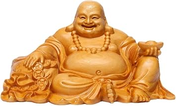 NALoRa Hand Carved Solid Wood Laughing Buddha Holding Ingot Statue Happy Buddha Home Office Decor Lucky Buddha Statue Feng Shui Gift