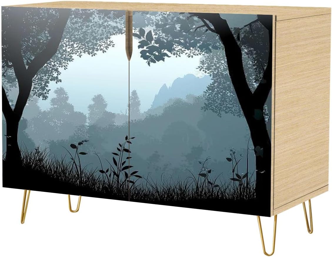 Mid Century Sideboard Buffet Kitchen Storage Cabinet with 2 Doors Cloud Forest Scene Cupboard Console Table Bar Cabinet for Dining Room Hallway