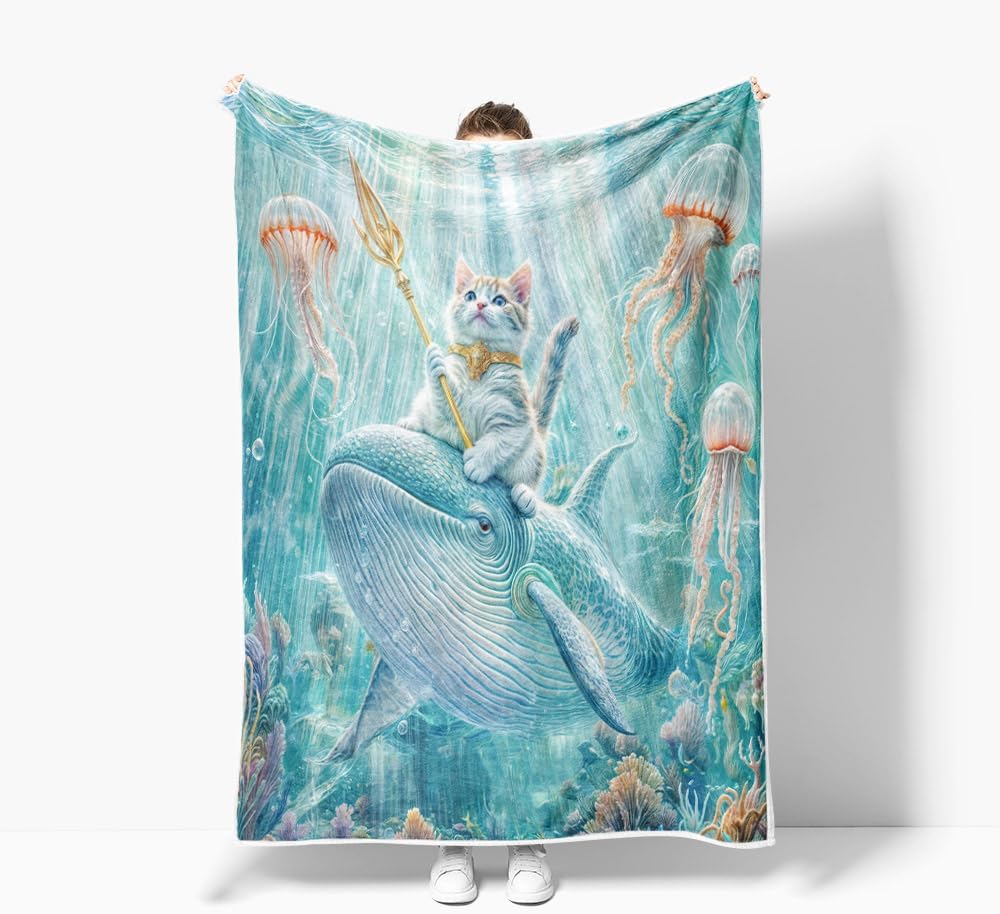 Cute Cat Throw Blanket for Kids, Funny Shark Underwater Throw Blankets for All Seasons, Fluffy Fuzzy Blanket for Boys Girls Men Women Adults Lovers Stuff Plush for Couch Sofa Bed Room Decor,70x60