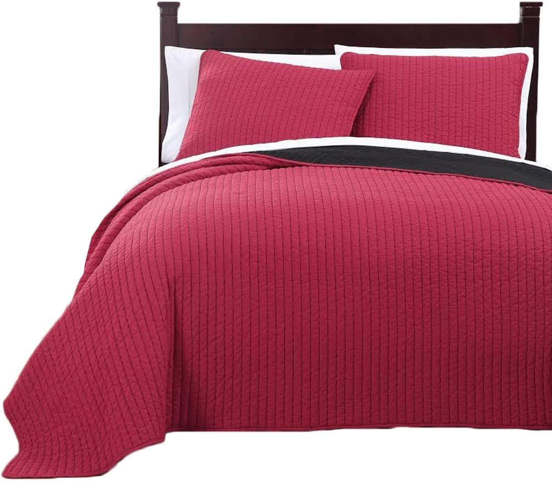Royal Tradition Reversible Quilt Set Red/Black Full-Queen Size (90x90 Inches) Striped Weave Pattern Bedspread, Soft Microfiber Lightweight Coverlet for All Season, 3-Pieces (1 Quilt, 2 Shams)