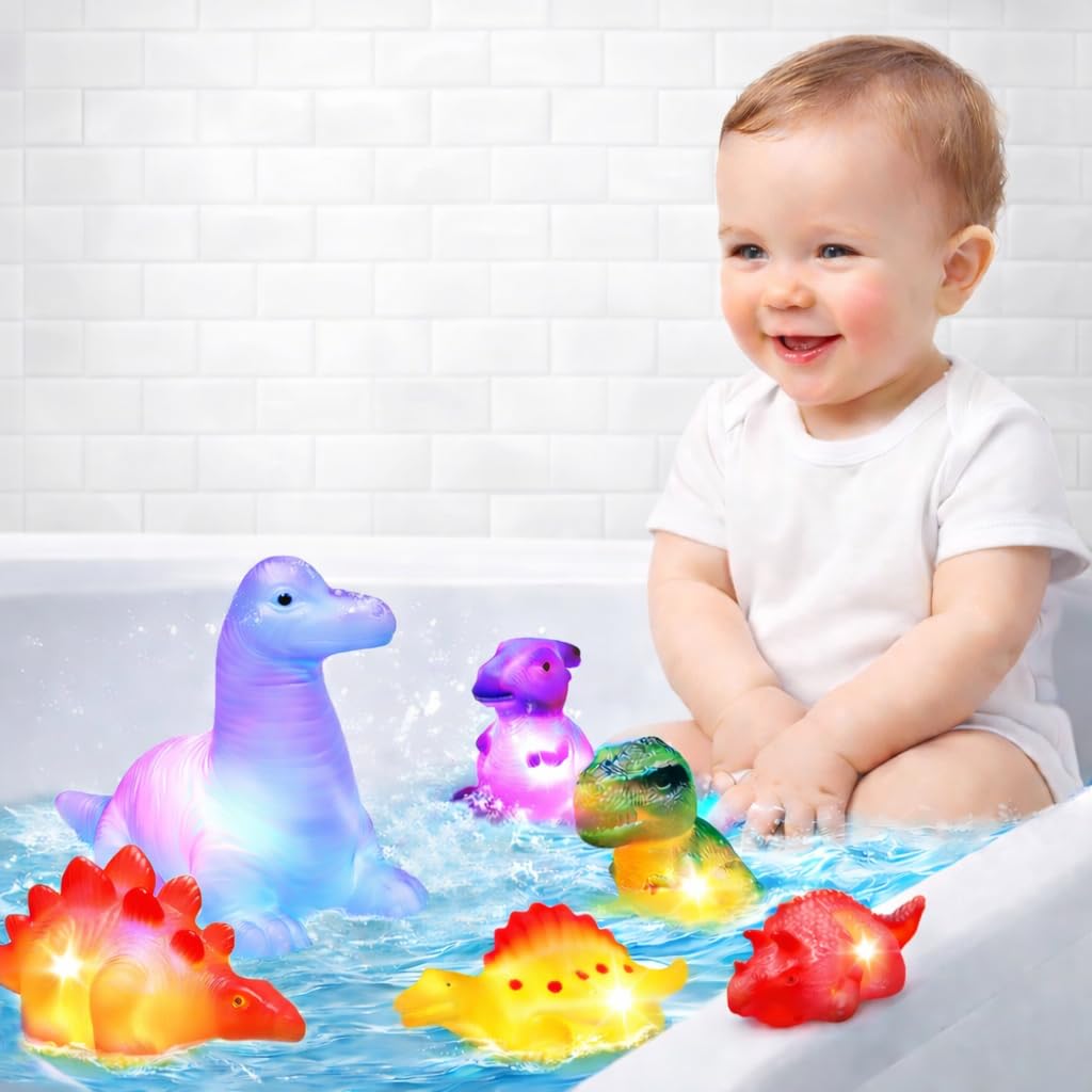 AMERTEER 6-Pack Light Up Dinosaur Bath Toys for Toddlers – Floating Water-Activated LED Dino Toys for Kids, Babies, Boys & Girls – Color-Changing Pool Toys for Bathtub, Shower, Gift Age 1-5