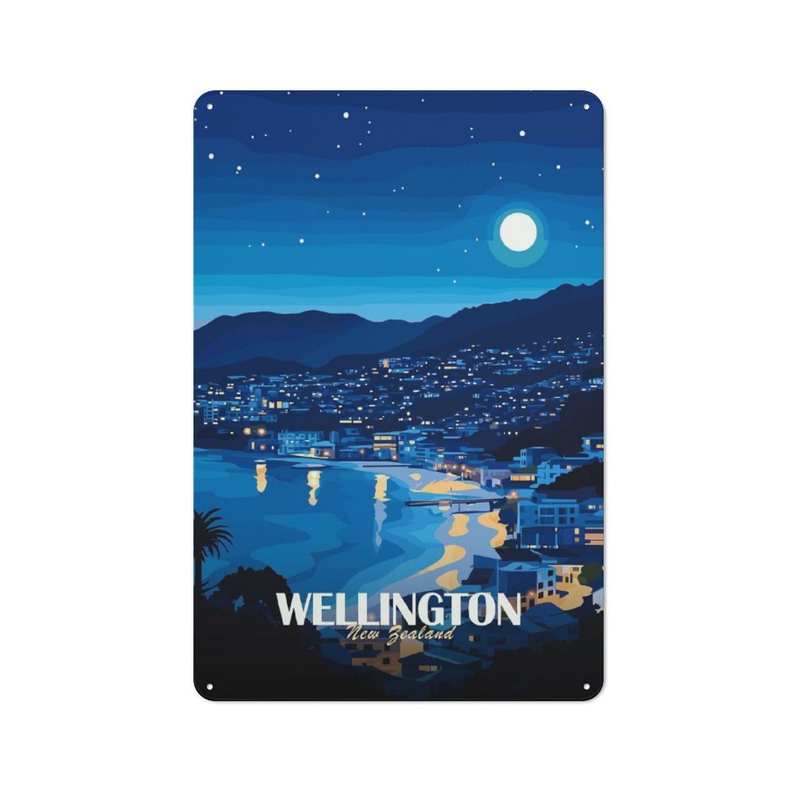 Junmoney Wellington New Zealand Night Cityscape Tin Wall Plaque 30X20cm With For Hobby Room Or Studio, For Updating Hobby Room And Studio After Moving