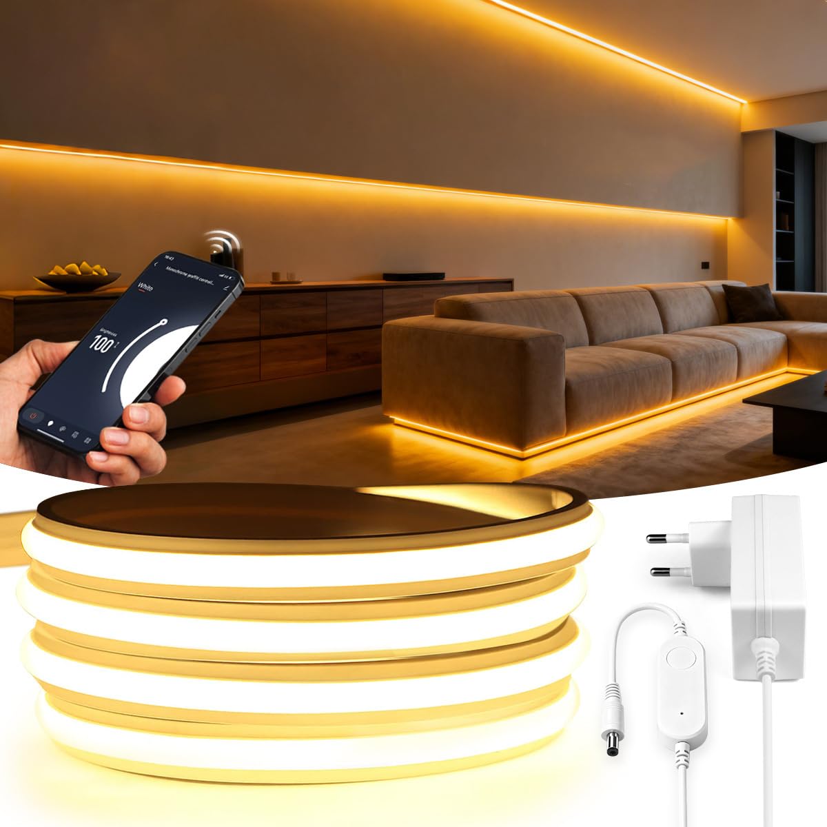 Tira LED COB 10m 24V regulable con fuente de alimentación Tira LED 280 LED/m 3000 K blanco cálido Compatible con Alexa Autoadhesiva Iluminación LED COB para armarios escaleras pasillos,4500k,10M