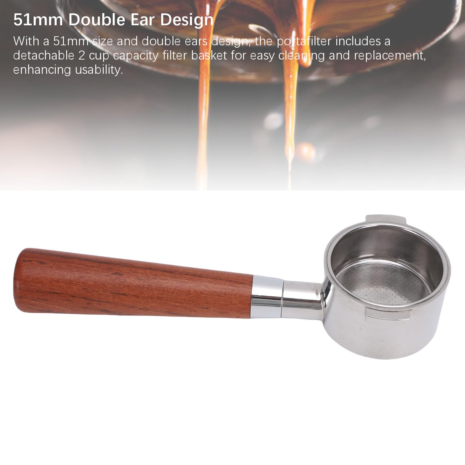 RiToEasysports Portafiltros sin fondo, visibilidad mejorada crema y extracción óptima, Filtro espresso acero inoxidable 51 mm con mango madera, for baristas caseros hogares y entusiastas café