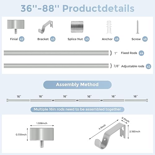 Miniatura 8 de Barras de cortina plateadas para ventanas de 48 a 84 pulgadas (4-7 pies), barras de cortina de 1 pulgada de diámetro con remates de tapa de extremo