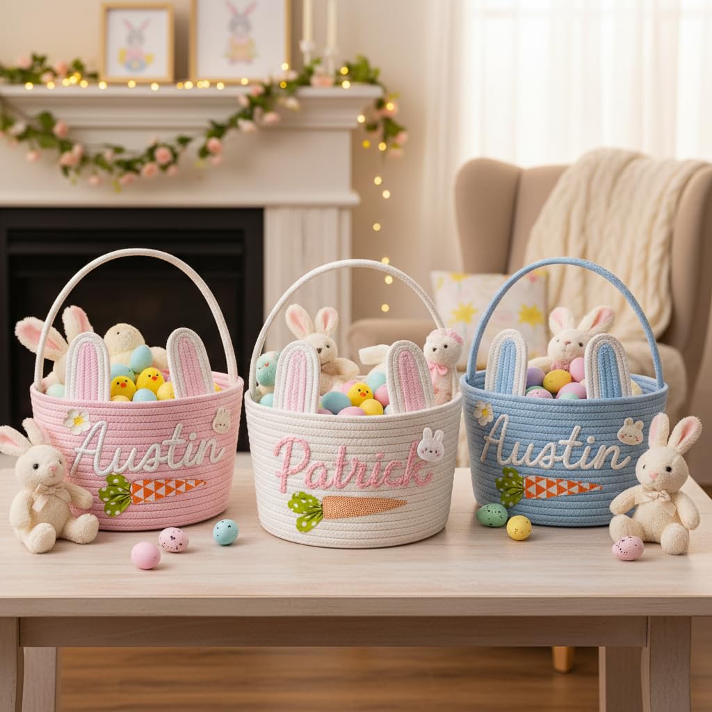 Personalized Easter Baskets, Custom Name & Icon Easter Basket with Cute Ears, Hand-Woven Easter Egg Hunt Bag, Customized Easter Gifts Decor for Boys Girls, Cotton Rope Tote Color01 - 3