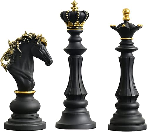 通用 Paquete de 3 adornos de estatua de ajedrez King Queen Knight Escultura de resina para decoración artesanal para el hogar, oficina, escritorio,