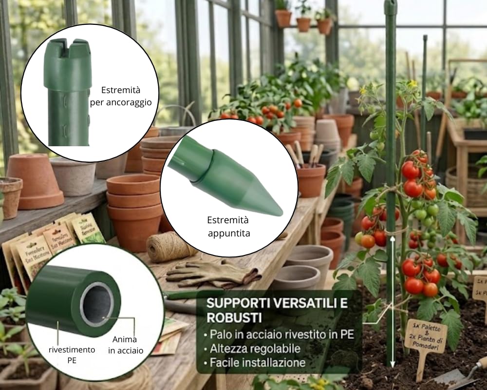 Set 25 PEZZI Supporto in Acciaio Plastificato per Orto Sostegni per Pomodori Bastoncini di Supporto per Piante Rampicanti Pali per Orto e Giardino (240 cm - Ø 16 mm)