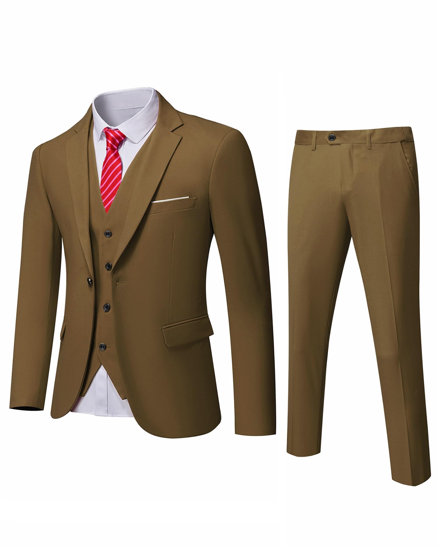MrSureMrSure Men’s 3 Piece Suit Blazer, Slim Fit Tux with One Button, Jacket Vest Pants & Tie Set for Party, Wedding and Business, Khaki, L