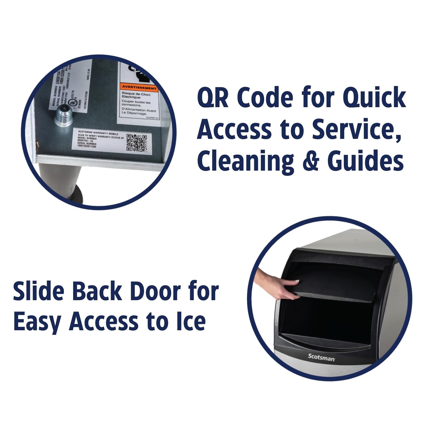 Close-up of the ice machine's QR code for quick access to service, cleaning, and guides.