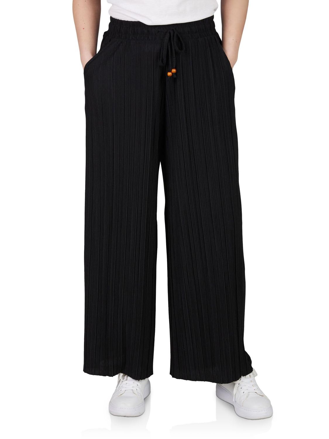 DENIMFY Palazzo DFBrenda Lot de 2 pantalons d'été 3/4 pour femme, taille haute, jambes larges, en tissu, longueur cheville, taille élastique, poches unies, noir, vert, beige, bleu, S, M, L, XL, XXL