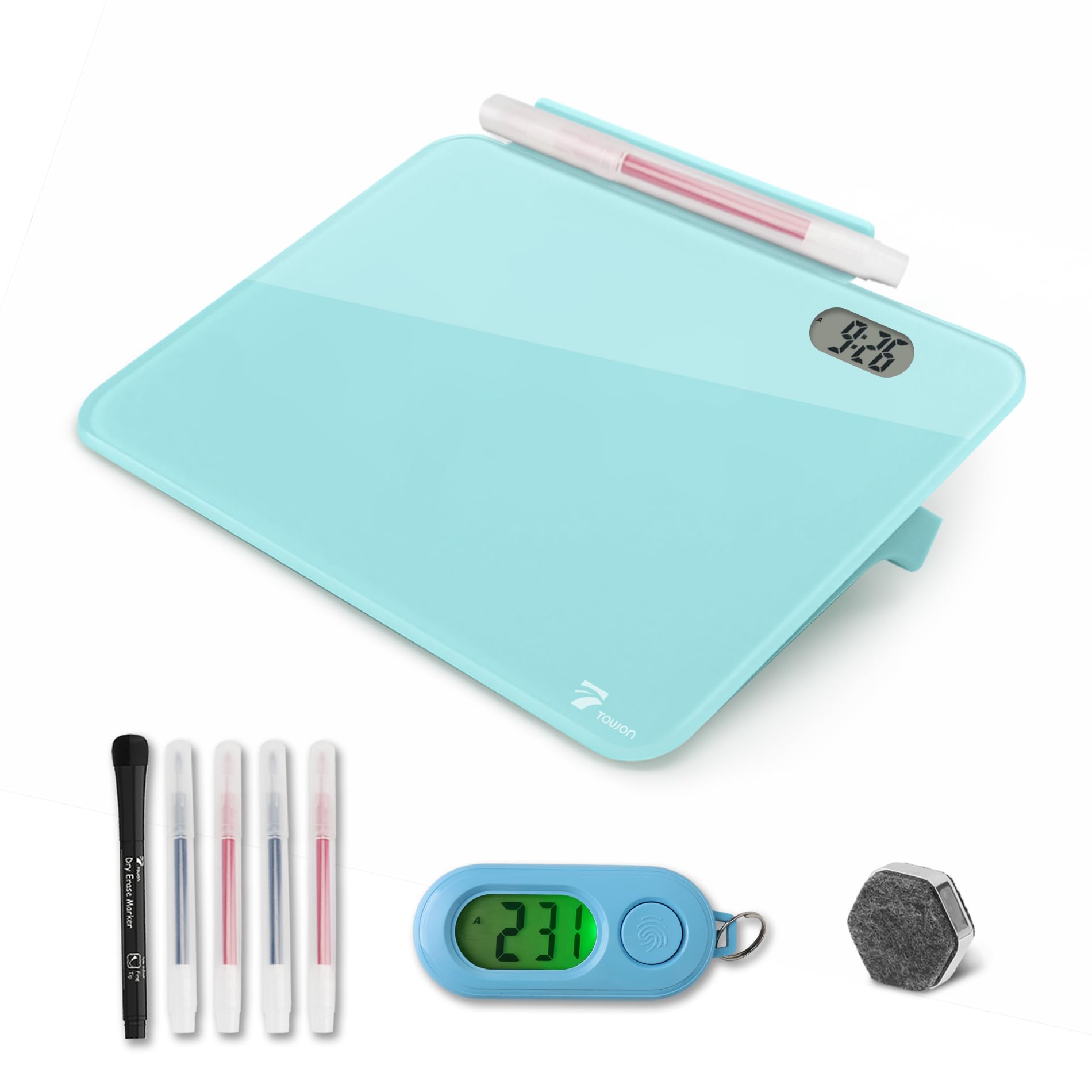 Small Glass Desk Whiteboard Dry-Erase Board with Clock, Small Travel Clock Keychain with Desk Notepad, Time Table Whiteboard for Desk Digital LED Light Display, 8x6 in with Accessories, Teal Blue